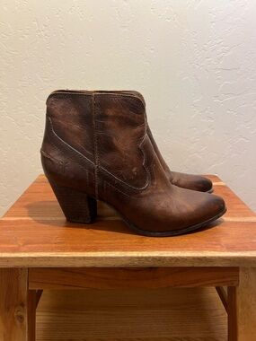 Frye Brown Leather Ankle Booties with Stacked Heel
